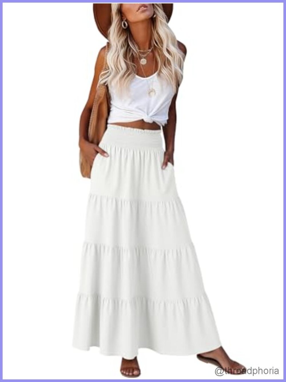Maxi Skirt Elastic High Waist A-Line Tiered Long Flowy Boho Casual Beach